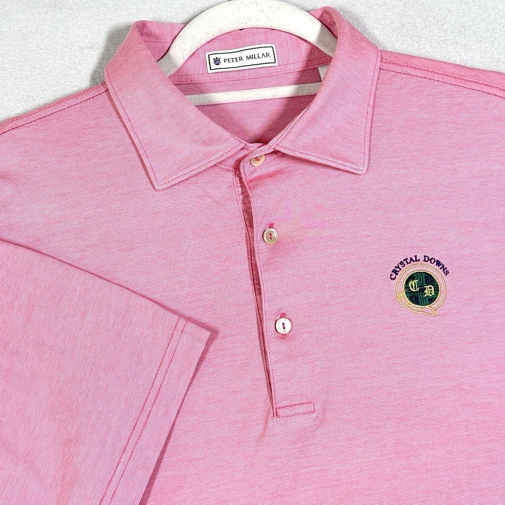 Peter Millar Polo Shirt Men Medium Crystal Downs Golf Logo Short Sleeve Pink Red
